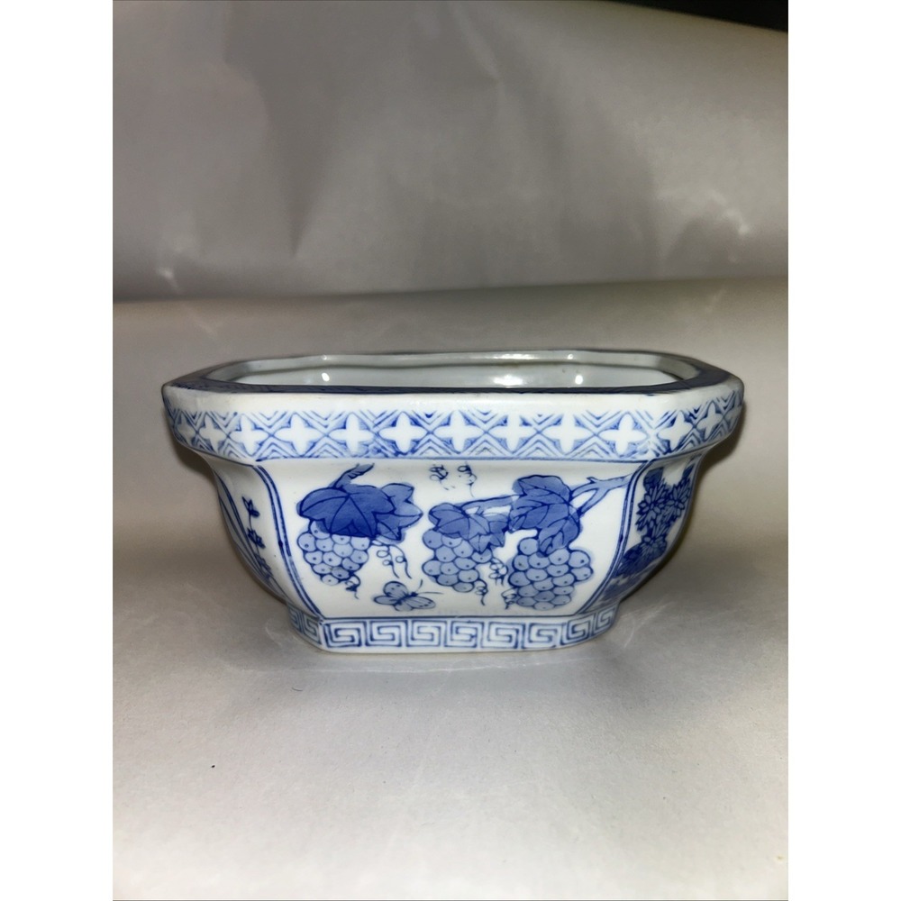 Blue White Planter Octagon Bonsai Grape Greek Key Floral Designs No Drainage